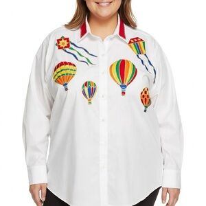 Vintage Wayne Scott Blouse Top Shirt  Handpainted Hot Air Balloons Kites Plus 2X